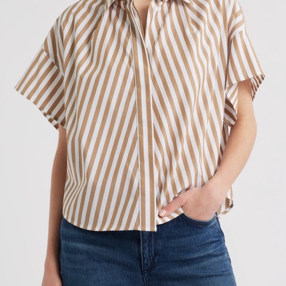 rag & bone Oversized Tan and White Striped Button Down Shirt NWOT - Picture 2 of 11